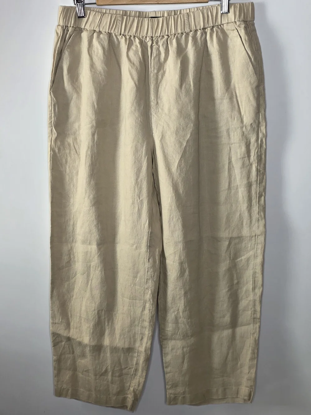 Quince Light Tan 100% Linen Wide Leg casual Pants Large Elastic waist